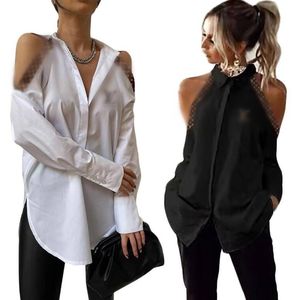 Gloednieuwe damesmode off-shoulder sexy voor dames turn-down kraag revers lange mouwen bedrukt losvallend jasje blouseoverhemden