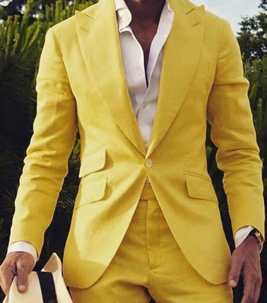 Brand New Yellow Slim Fit Mens Tuxedos De Mariage Populaire Groom Groomsmen Tuxedos Homme Blazers Veste Excellents Costumes 2 Pièces (Veste + Pantalon + Cravate) 1