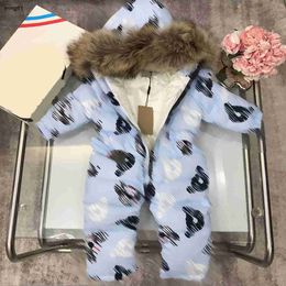 Merk pasgeboren baby jumpsuit winter warme kinderen designer kleding maat 75-110 beren patroon afdrukken kap haar down boy girl overjas dec05