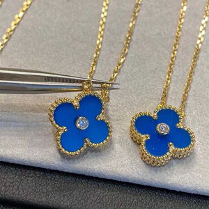 Merk originaliteit van kerst blauwe agaat klaver ketting 925 sterling verzilverde 18k gouden klassieke diamant lucky gras hangerse sieraden