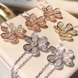 Merk originaliteit van drie blad bloem ketting 925 sterling verzilverd met 18k goud ingelegde diamantgras volledige bloemblaadjes hanglang kraag ketens sieraden