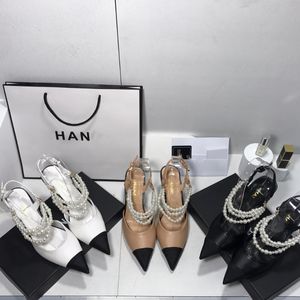 Marque Pearl Chain Kitten Heel Sandals Color Matching Luxury Women's Designer Shoes Slingbacks Pumps