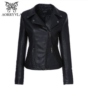 Marque PU cuir veste femmes printemps mode noir col rabattu Moto Biker veste fermeture éclair PU cuir manteaux Slim Outwear 210201