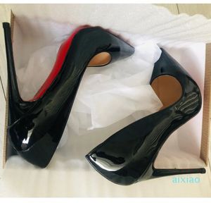 Escarpins de marque à talons hauts pour femmes, chaussures pointues, brillantes, Sexy, peu profondes, en cuir verni noir, chaussures habillées 34-44
