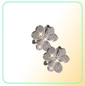 Boucles d'oreilles de marque en argent Sterling 925 pur, trèfle à 3 feuilles, fleur, clous pleins de diamants, or blanc, 9258980644