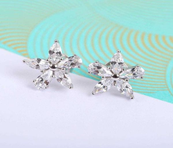 Brand Pure 925 Boucles d'oreilles en argent sterling étoiles étoiles en diamant complet or blanc 925 Sakura Flower6968251