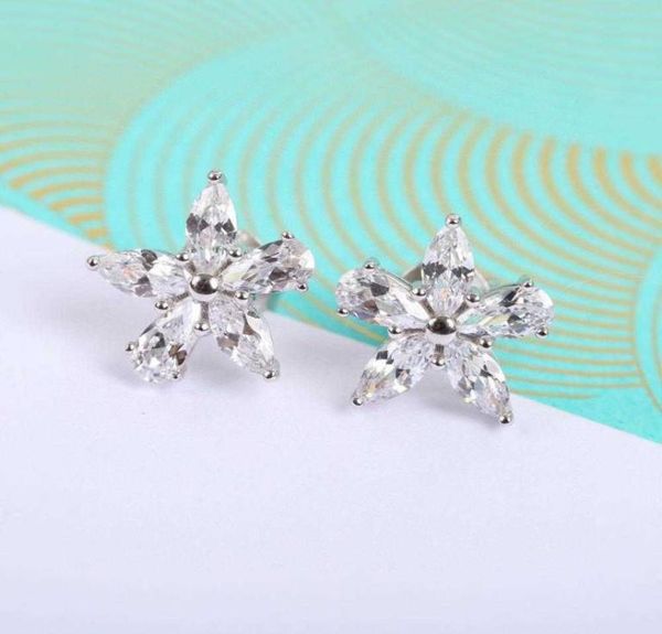 Brand Pure 925 Boucles d'oreilles en argent sterling étoiles Full Diamond Stud White Gold 925 Sakura Flower3734346