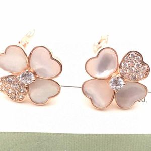 Merk Pure 925 Sterling Zilveren Sieraden Voor Vrouwen Rose Goud Shell Bloem Oorbellen Geluk Klaver Ontwerp Bruiloft Mini Leuke Maat