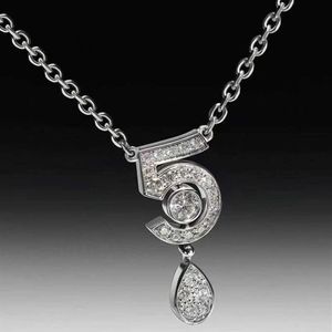 Merk Pure 925 Sterling Zilveren Sieraden Voor Vrouwen Brief 5 Diamant Water Drop Hanger Leuke Bloem Party Luxe Merk Necklace233o