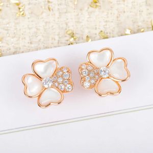 Merk Pure 925 Sterling Zilveren Sieraden Dames Rose Gold Cherry Flower Earrings Luck Clover Design Bruiloft Moeder van Parels