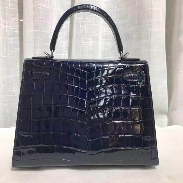 Sac de luxe de sac à main de la marque Brand Purse 25 cm Real Crocodile Skin entièrement faite à la main