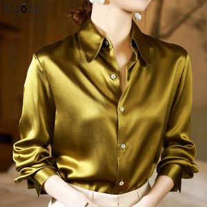 Merkkwaliteit Luxe Vrouwen Satijnen Shirt Elegante en Jeugdige Vrouw Blouses Kantoor Dames Wit Lange Mouwen Zijden Tops 240315