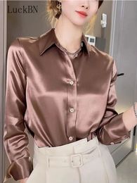 Camisa de lujo de calidad de marca para mujer, camisas elegantes de oficina con botones de manga larga, blusas de satén de crepé de seda Momi, Top de negocios para mujer 240112