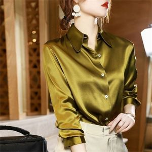 Marque qualité luxe femmes chemise élégant bureau boutonné à manches longues chemises Momi soie crêpe Satin Blouses affaires haut pour femme 220225