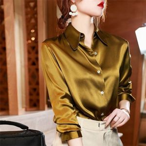 Merk kwaliteit luxe vrouwen shirt elegante kantoor knop op lange mouwen shirts Momi zijde crêpe satijn blouses zakelijke dames top 220407