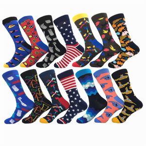 Chaussettes pour hommes marque qualité heureux 16 couleurs dessin animé hache feuilles drapeau Animal chaussettes d'hiver hommes coton peigné Calcetines Largos Hombre