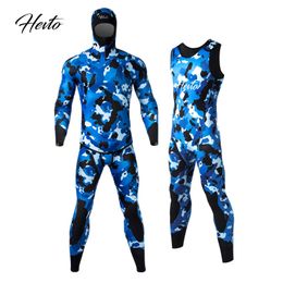 trajes de pesca submarina profesionales de calidad de marca de dos piezas pegados y cosidos a ciegas, neopreno japonés, color camuflaje azul, servicio OEM disponible