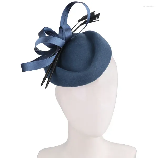 Tocado de lana pura de calidad de marca para mujer, tocado de plumas para banquete, carrera de caballos, cóctel, azul real