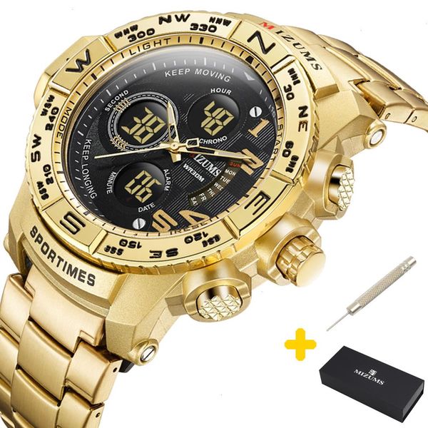 Reloj de cuarzo de marca, relojes deportivos para hombre, reloj militar con banda de acero para hombre, reloj Digital Led dorado resistente al agua para hombre