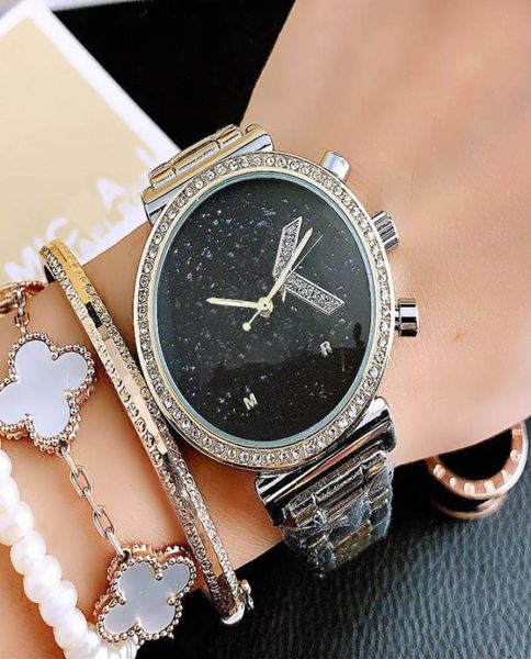 Brand Quartz Wrist Watch For Women Girl Big Letters Crystal Metal Steel Band Watches M861378472