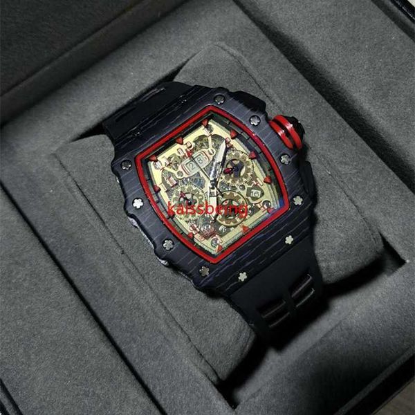 Marca Richar reloj Milles 6-pin cuarzo diamante alta calidad masculino hueco vidrio trasero acero inoxidable negro caucho Y56Z