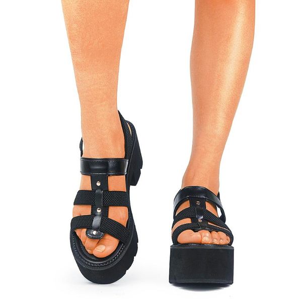 Venta de marca, sandalias de gladiador cómodas, tacones gruesos, plataforma negra, estilo gótico, zapatos informales de verano para mujer, talla grande 43