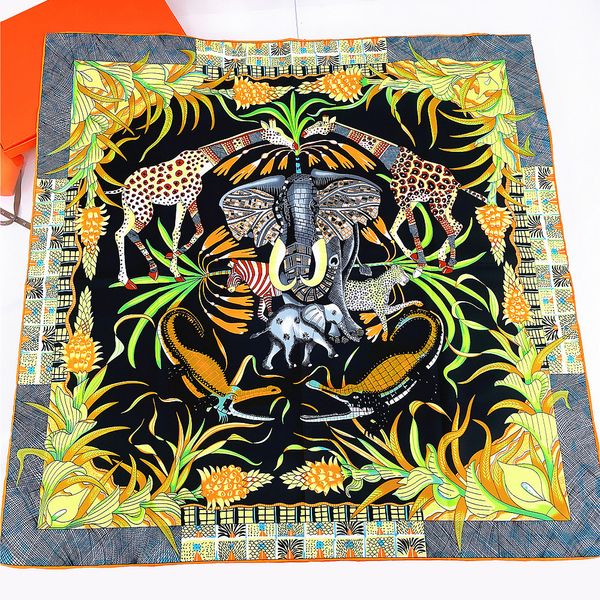 Foulard en soie de marque pour femme taille 90x90cmm feuilles de plantes foulards à motif d'éléphant pour l'été petits foulards carrés