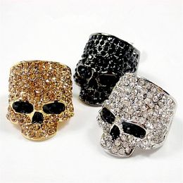 Brand Skull Rings for Men Rock Punk Unisexe Crystal Black Gold Color Biker Ring Male Fashion Skull Bijoux Whole238d