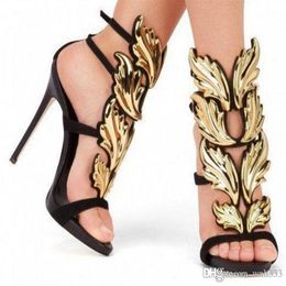 Marque ￉t￩ Nouveau cr￩ateur Fashion Fashion pas cher Gold Silver Red Leaf High Heel Peep Toe Robe Sandals Chaussures Pumps Women229n
