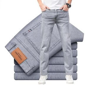 Marque mince ou épais matériel droit coton Stretch Denim hommes d'affaires décontracté taille haute gris clair bleu jean 240124