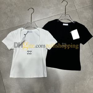Brand U Neck T-shirt Femmes Broidered Tees High Elastic T-shirts à manches courtes Slim Fit