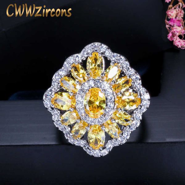 Marque Vintage Big Bague en cristal jaune pour femmes Zircone cubique Réglage délicat Engagement Bijoux de mariage R099 210714