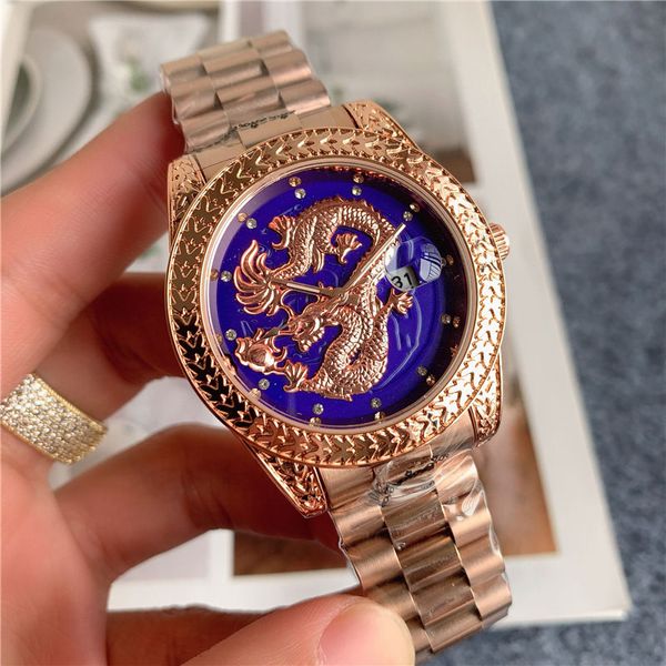 Montres de marque hommes style dragon chinois bande d'acier en métal montre-bracelet à Quartz X145
