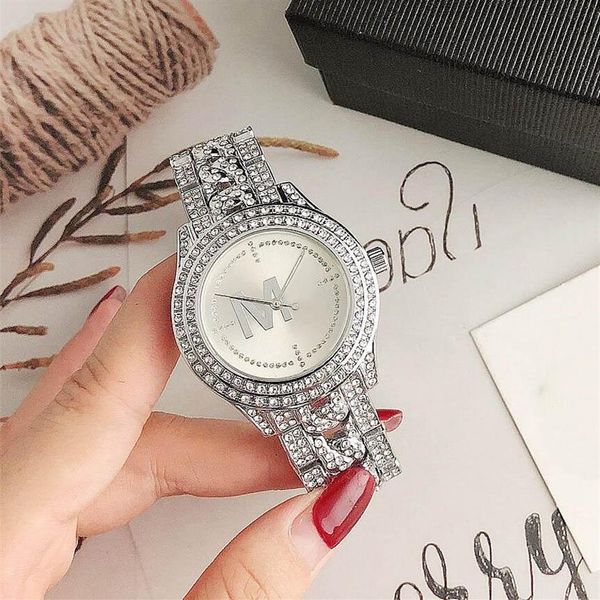 Marque montres femmes dame fille diamant cristal grandes lettres style métal acier bande quartz montre-bracelet assez durable cadeau grâce high2552