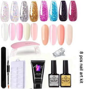 Nail Extension Gel Kit with UV LED Clipper Files Tips Gel Base coat Top Coat All-in-One DIY Nail Art Tools for Starter nail art kit 8pcs set 17 colors choice