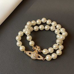 Brand Westwood Mor Double Saturn Pearl Bracelet Light Luxury Jewelry Tiktok Hair raide