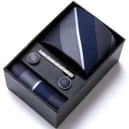 Merk Groothandel Tie Pocket Squares Cufflink Set Strekte Blauw gestreepte man Bruiloftaccessoires Fit Workplace Holiday Gift Box 240408