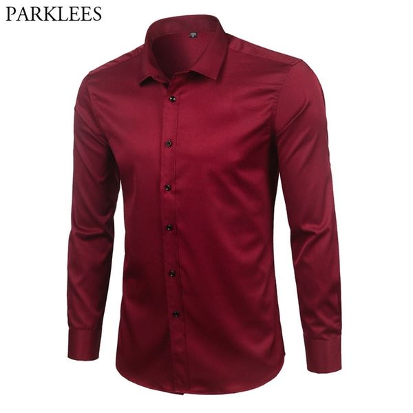 Marca vino rojo fibra de bambú para hombre vestido camisas slim fit manga larga chemise homme casual botón abajo elástico formal camisa masculina 210714