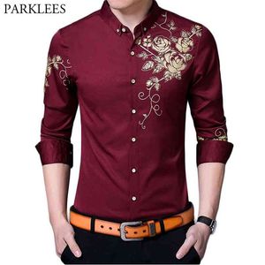 Marque Vin Rouge Hommes Robe Chemises Mode Golden Rose Fleur Imprimer Bouton Chemise Hommes Slim Fit À Manches Longues Chemise Homme 210626