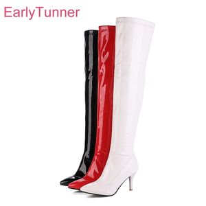 Merk Winter Glossy Zwart Rode Vrouwen Dij Hoge Laarzen Sexy Dame Dans Pole Schoenen ET72 Hak Plus Big Maat 10 32 43 48 211105