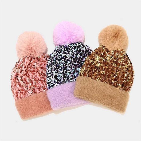 Marque hiver bonnets tricotés chapeau luxe Bing paillettes Skullies femme fourrure pompon chapeau Bonnet casquettes 211229