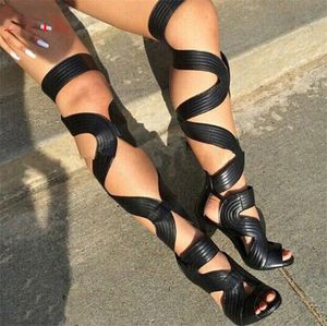 Marque femmes mode serpent Design bleu bleu genou haute gladiateur bottes découpées à lacets longues sandales à talons hauts chaussures habillées
