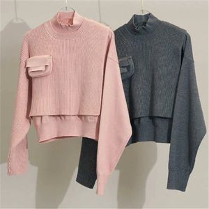 Brand Women S Pullers Early Spring New Knitwear Pocket Two Piect High Collar Pink Irrégul Walle Femmes