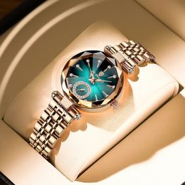 Relojes de marca para mujer, conjunto de pulsera de reloj de cuarzo cuadrado a la moda para mujer, esfera verde, malla de oro rosa Simple, relojes de lujo para mujer 240123