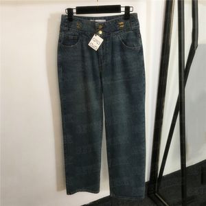 Merken Jeans Dames denim broek Taille Designer Badge Lange broek Hoge taille Jean-broek met wijde pijpen voor dames