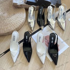 Marques slingbacks talons hauts mocassins sandales femmes triangle boucle pompe argent cuir 7,5 cm talon aiguille nu noir rouge pompes designer fête mariage chaussures habillées