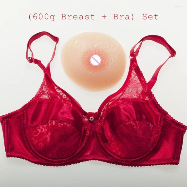 Soutiens-gorge (600 g/paire seins en silicone beige transexuelle crosscommode CD cosplay poitrine artificielle forme sexy dentelle satin soutien-gorge de poche) ensemble