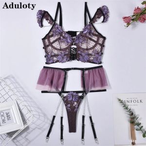 Bras aduloty sexy lingerie lingerie exquise broderie grande perspective de fleur décoration de chaîne de métal tentation des femmes sous-vêtements