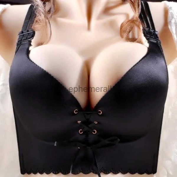 Sujetadores Vendaje Push Up Bra Mujeres 34-52 C D E Tallas grandes Bralette Negro Sujetadores atractivos Ropa interior inalámbrica Sujetador fino reunido Pecho grande YQ231101