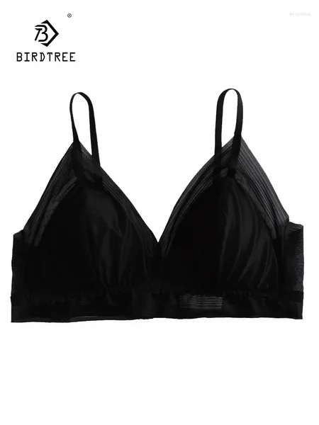 Bras Birdtree doublue de la soie sexy sexy sexy file solide de fil féminin français brisé des sous-vêtements minces 2024 été P44689QC